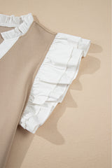 Pale Khaki Contrast V Neck Ruffled Textured Knit Top Blouses & Shirts JT's Designer Fashion