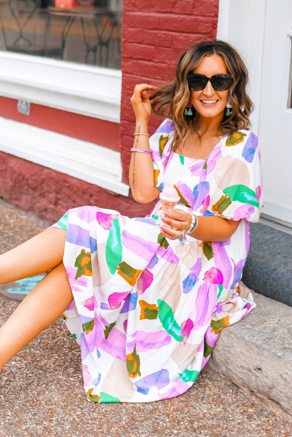 Purple Abstract Print Puff Sleeve Smocked Back Midi Dress Dresses JT's Designer Fashion