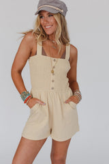 Beige Buttons Smocked Sleeveless Romper Bottoms JT's Designer Fashion
