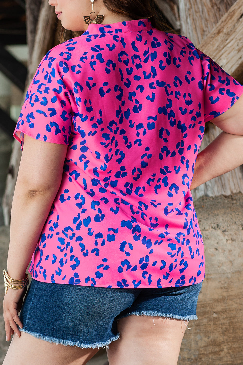Rose Contrast Leopard Print Plus Size V Neck Blouse Plus Size JT's Designer Fashion