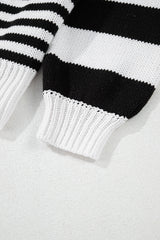 Black white Striped Drop Shoulder Bishop Sleeve Knit Sweater Sweaters JT's Designer Fashion