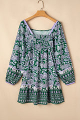 Green Floral Print Piping Trim Bubble Sleeve Square Neck Dress Floral Dresses JT's Designer Fashion