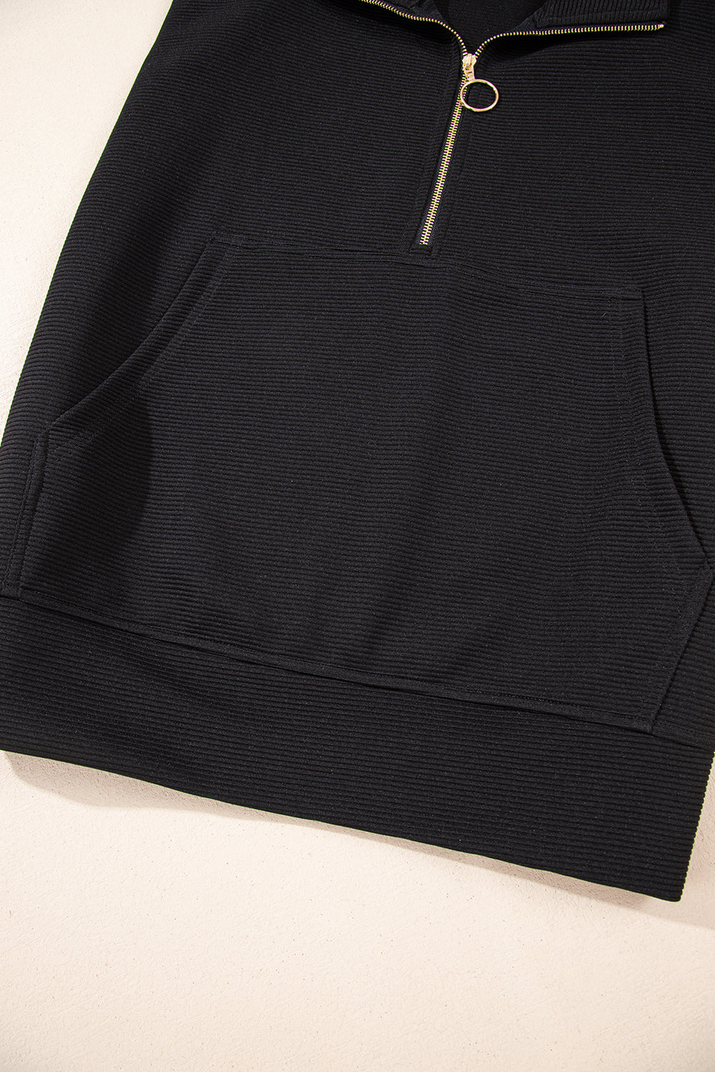 Black Textured Half Zip Kangaroo Pocket Top Drawstring Shorts Set Short Sets JT's Designer Fashion