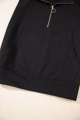 Black Textured Half Zip Kangaroo Pocket Top Drawstring Shorts Set Short Sets JT's Designer Fashion