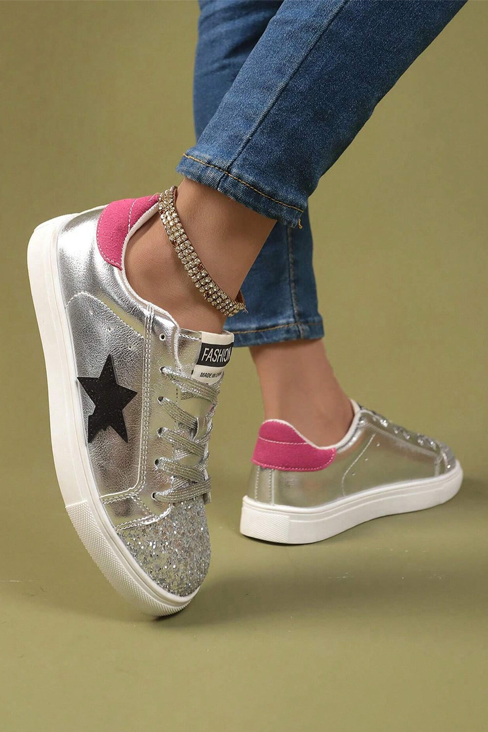 Silvery Metallic Luster Star Pattern Slip On Flat Shoes Silvery Women's Shoes JT's Designer Fashion