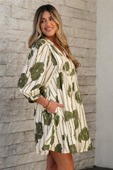 Guacamole Green Floral Striped Print Contrast Piping Puff Sleeve Dress Floral Dresses JT's Designer Fashion