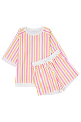 Pink Stripe Drop Shoulder Half Sleeve Loose Tee and Shorts Casual Set Short Sets JT's Designer Fashion