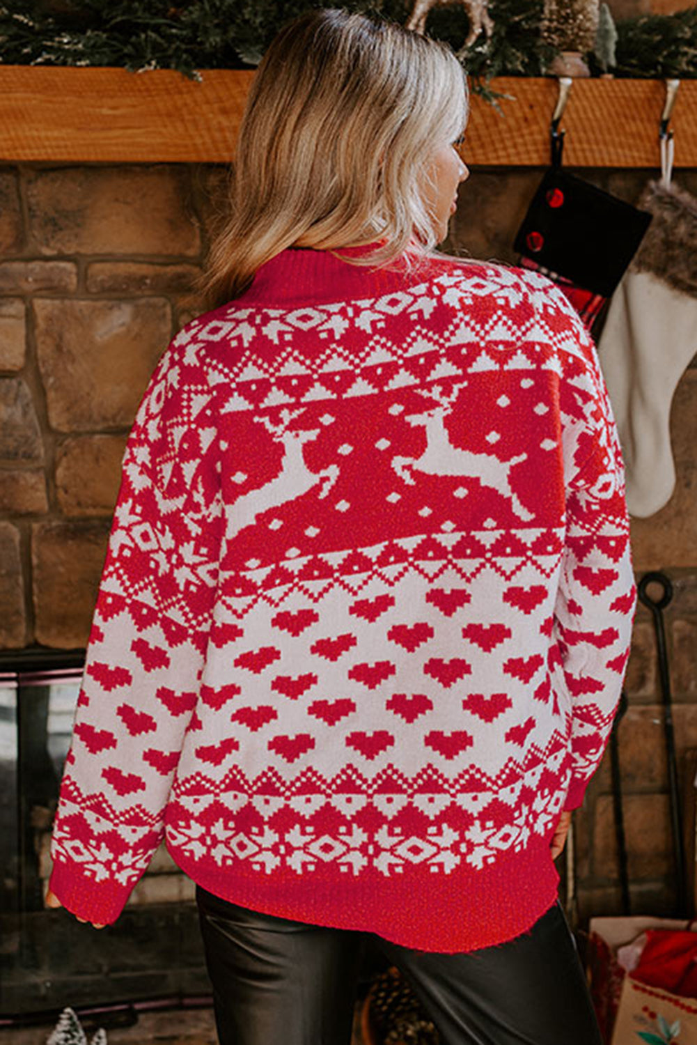 Fiery Red Merry Christmas Reindeer Heart Pattern High Neck Sweater Sweaters JT's Designer Fashion