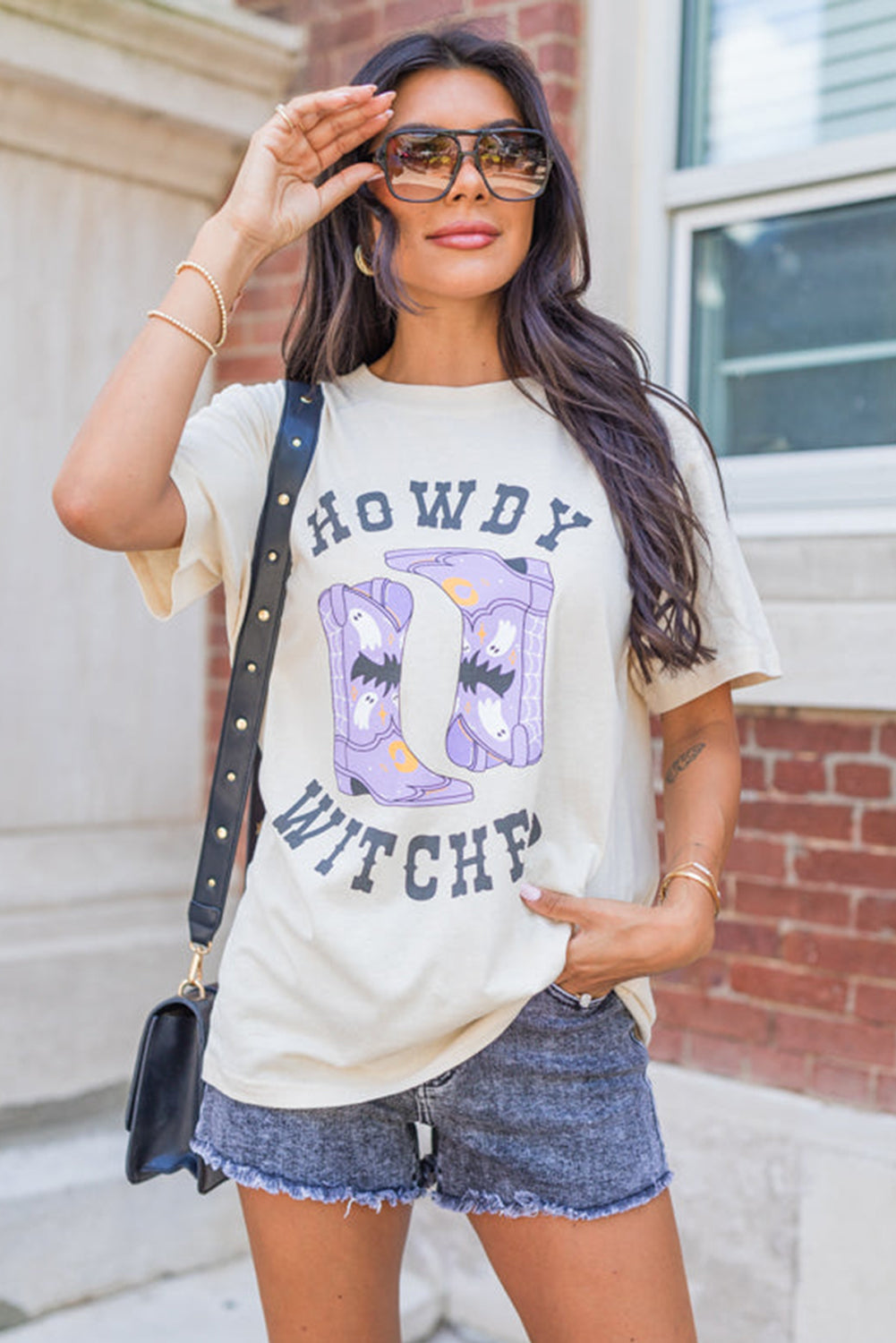 White HOWDY WITCHES Halloween Boots Crewneck T Shirt Graphic Tees JT's Designer Fashion