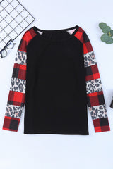 Black Off Shoulder Plaid&Leopard Print Long Sleeve Top Long Sleeve Tops JT's Designer Fashion