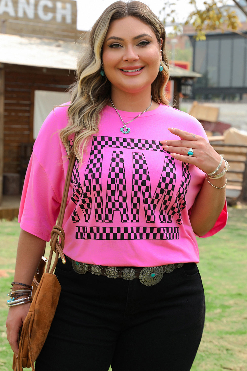 Bright Pink Checker MAMA Letter Printed Graphic Plus Size T Shirt Plus Size Tops & Tees JT's Designer Fashion