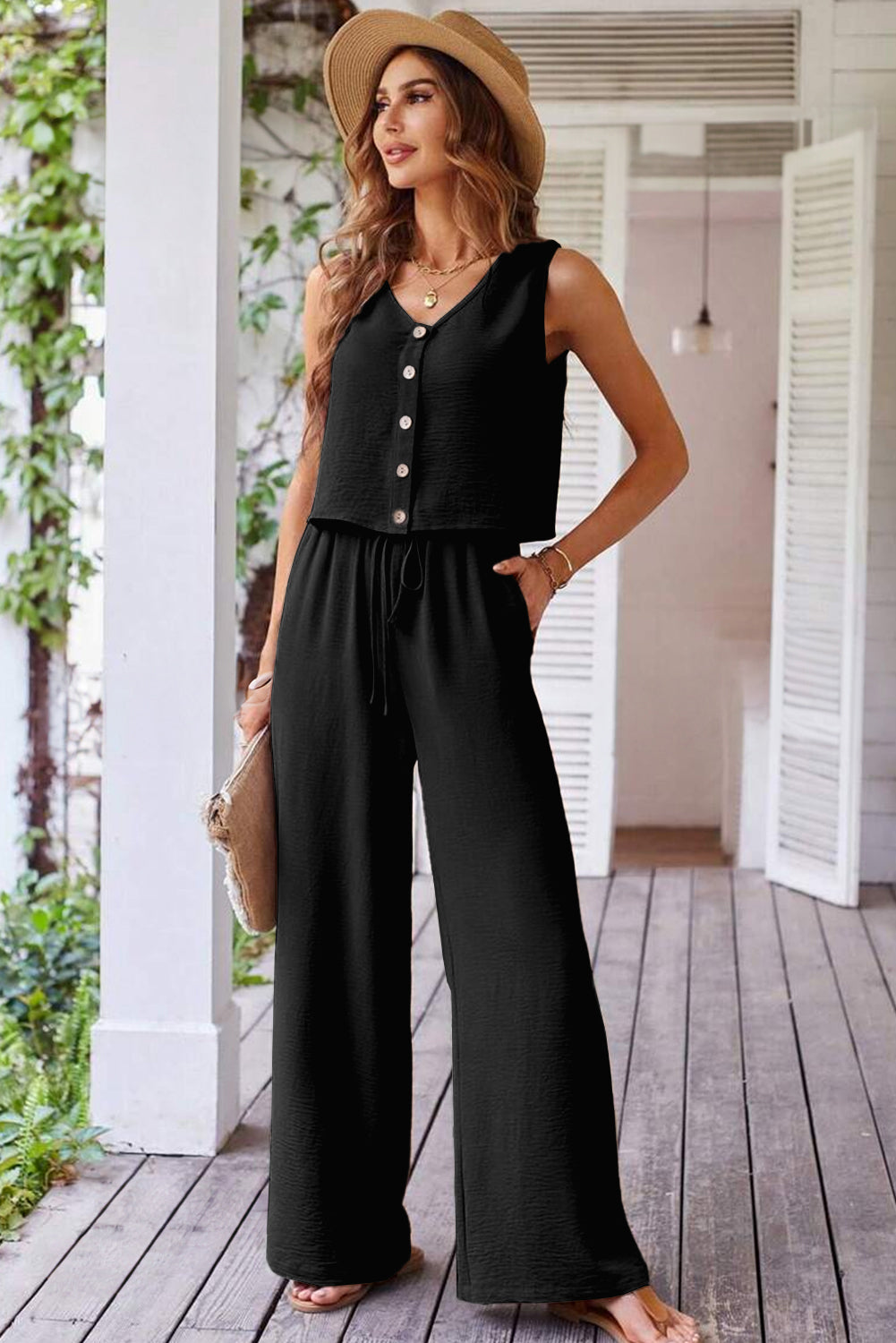 Black Buttoned Vest Drawstring Wide Leg Pants 2pcs Set Pant Sets JT's Designer Fashion