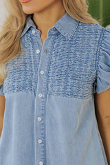 Beau Blue Flutter Sleeve Shirred Detail Button Up Denim Mini Dress Mini Dresses JT's Designer Fashion