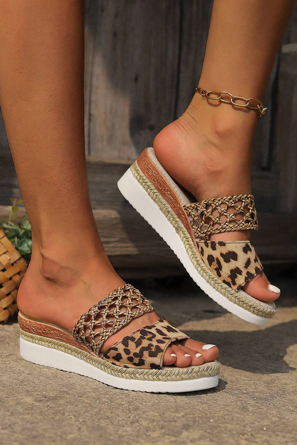 Chestnut Leopard Print Braided Details Wedge Slippers Slippers JT's Designer Fashion