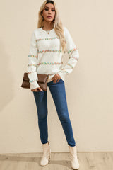 White Colorful Crossed Stitch Drop Shoulder Sweater Sweaters JT's Designer Fashion