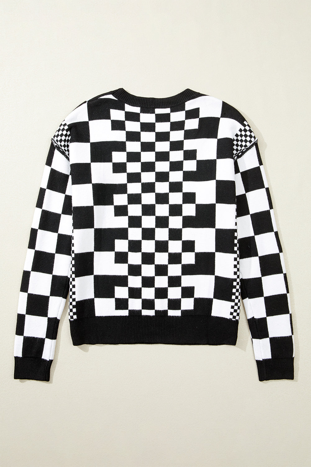 Black Checkered Print Drop Shoulder Round Neck Sweater Sweaters JT's Designer Fashion