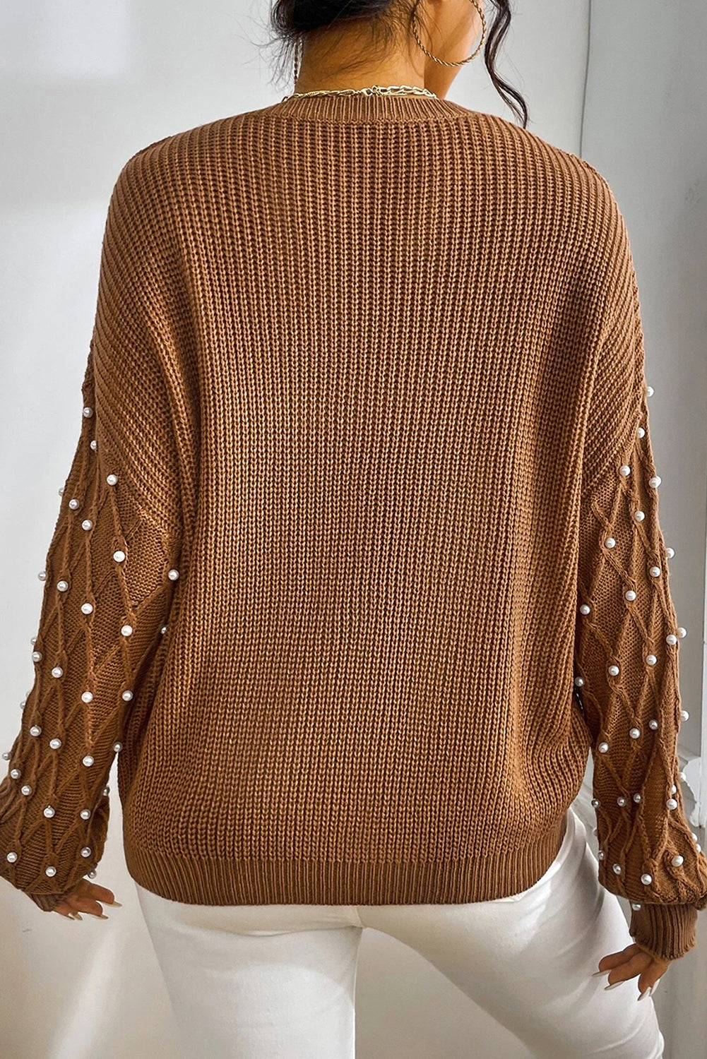 Chestnut Beaded Drop Shoulder Round Neck Sweater Sweaters JT's Designer Fashion