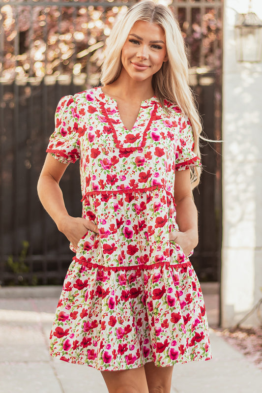 Red Floral Puff Sleeve Tiered Ric Rac Pocketed Mini Dress Red 100%Polyester Floral Dresses JT's Designer Fashion
