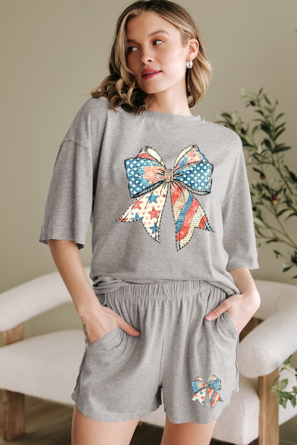 Gray USA Flag Bow Print Half Sleeve Tee and High Waist Shorts Set Graphic Sets JT's Designer Fashion