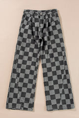 Dark Grey Checkered Denim Wide Leg Jeans Jeans JT's Designer Fashion