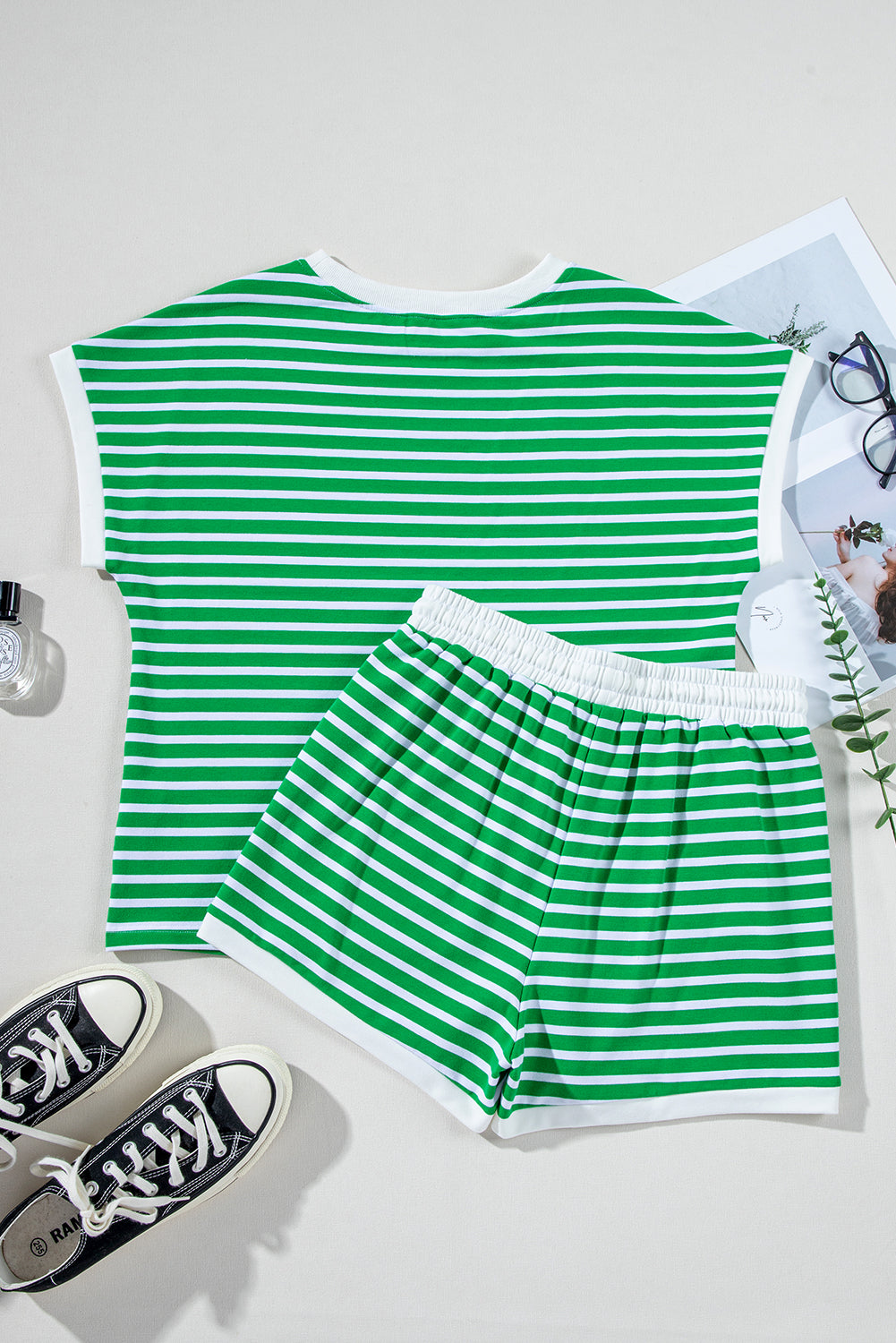 Dark Green Striped Cap Sleeve Tee and Shorts Set Short Sets JT's Designer Fashion