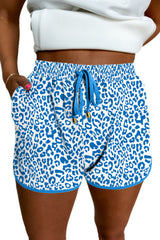 Blue Leopard Elastic Waist Lace up Contrast Trim Casual Shorts Casual Shorts JT's Designer Fashion