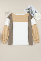 Khaki Exposed Seam Color Block Patchwork Top Long Sleeve Tops JT's Designer Fashion
