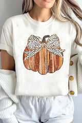 White Thanksgiving Bow Knot Pumpkin Print Round Neck T Shirt Graphic Tees JT's Designer Fashion