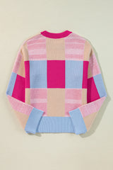 Rose Red Color Block Drop Shoulder Crewneck Loose Fit Sweater Sweaters JT's Designer Fashion