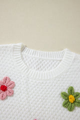 White Colorful Flower Applique Textured Knit Sweater Sweaters JT's Designer Fashion