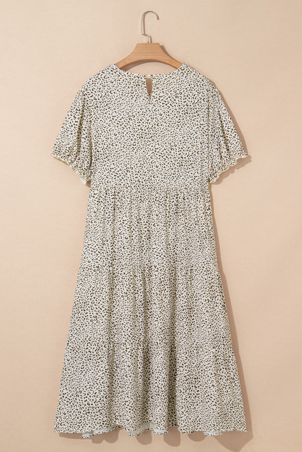 Beige Plus Size Leopard Print Frill Trim Short Sleeve Flared Dress Plus Size Midi Dresses JT's Designer Fashion