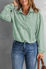 Green Zip Front Pocketed Pullover Sweatshirt Sweatshirts & Hoodies JT's Designer Fashion
