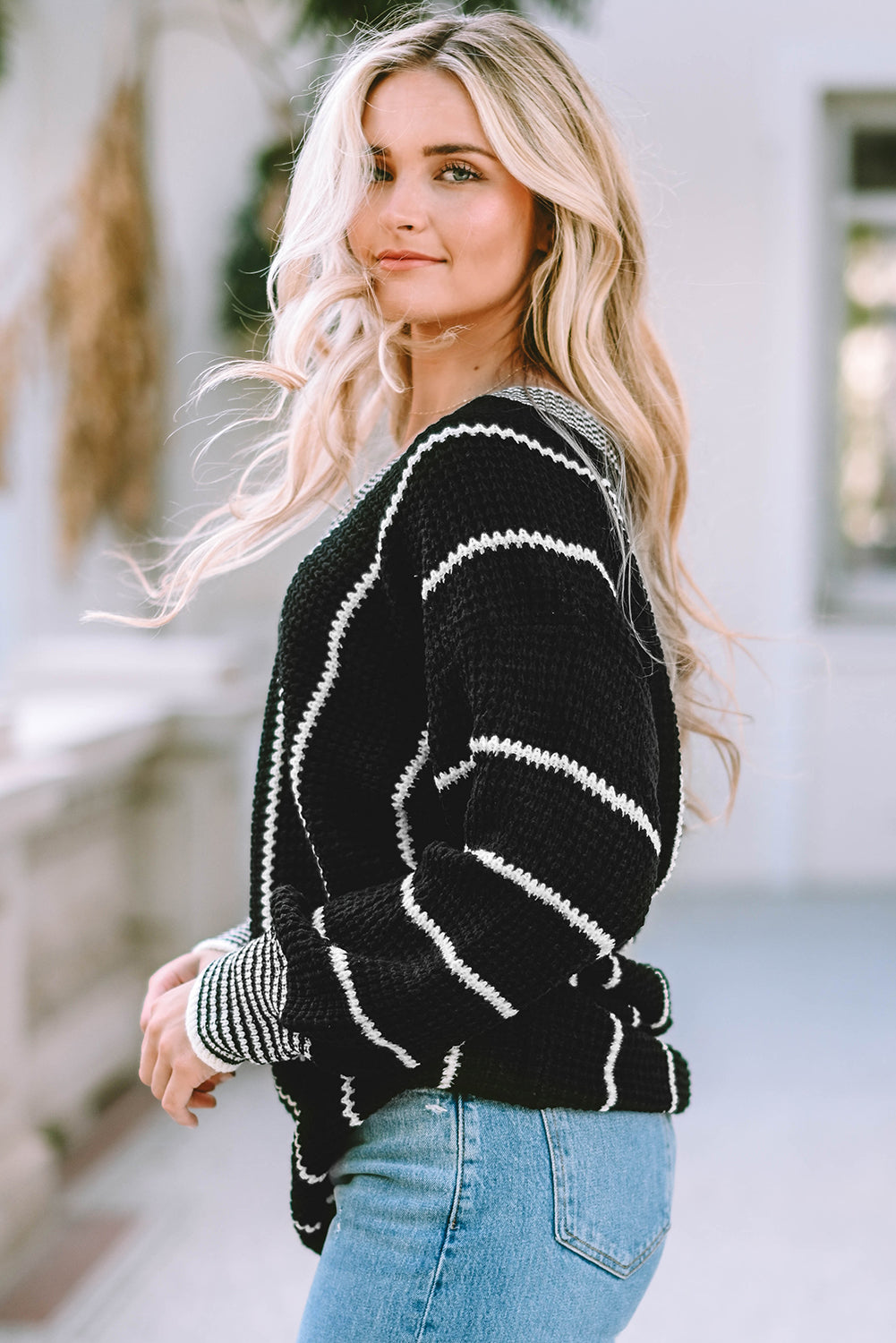 Black Colorblock Striped V Neck Knitted Loose Sweater Sweaters JT's Designer Fashion
