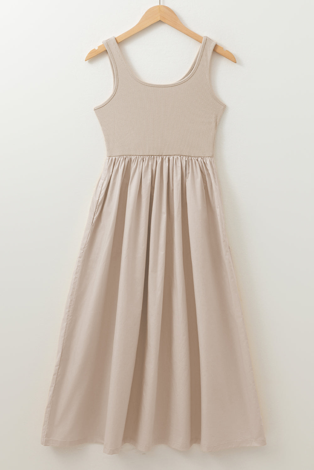 Beige Scoop Neck Ribbed Bodice Pleated Sleeveless Long Dress Maxi Dresses JT's Designer Fashion