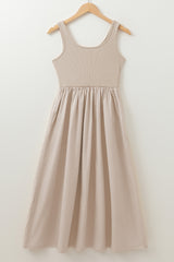 Beige Scoop Neck Ribbed Bodice Pleated Sleeveless Long Dress Maxi Dresses JT's Designer Fashion