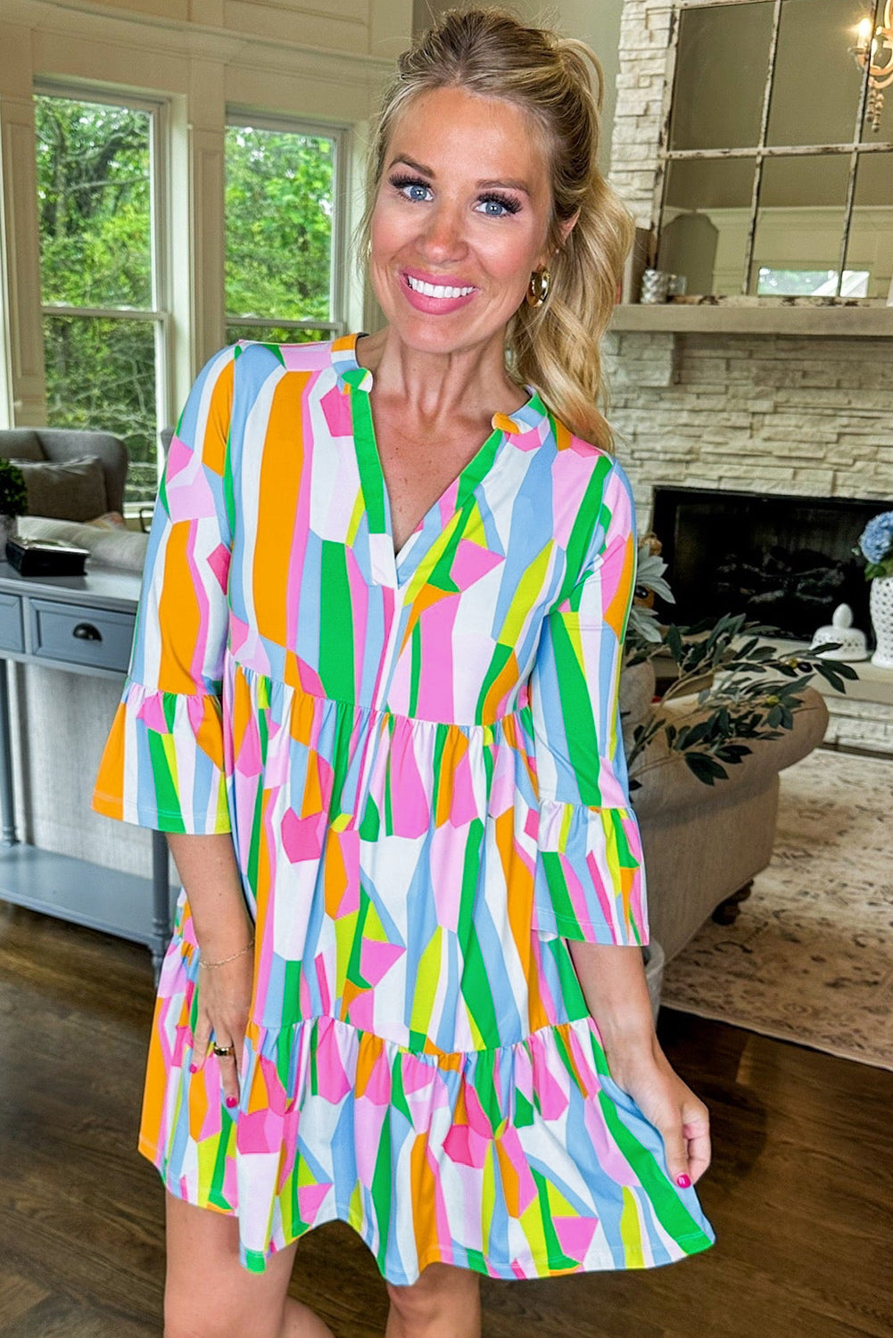 Green Abstract Print Ruffled Sleeve V Neck Dress Mini Dresses JT's Designer Fashion