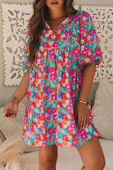 Sky Blue Floral Print Tie Split Neck Bubble Sleeve Babydoll Dress Floral Dresses JT's Designer Fashion