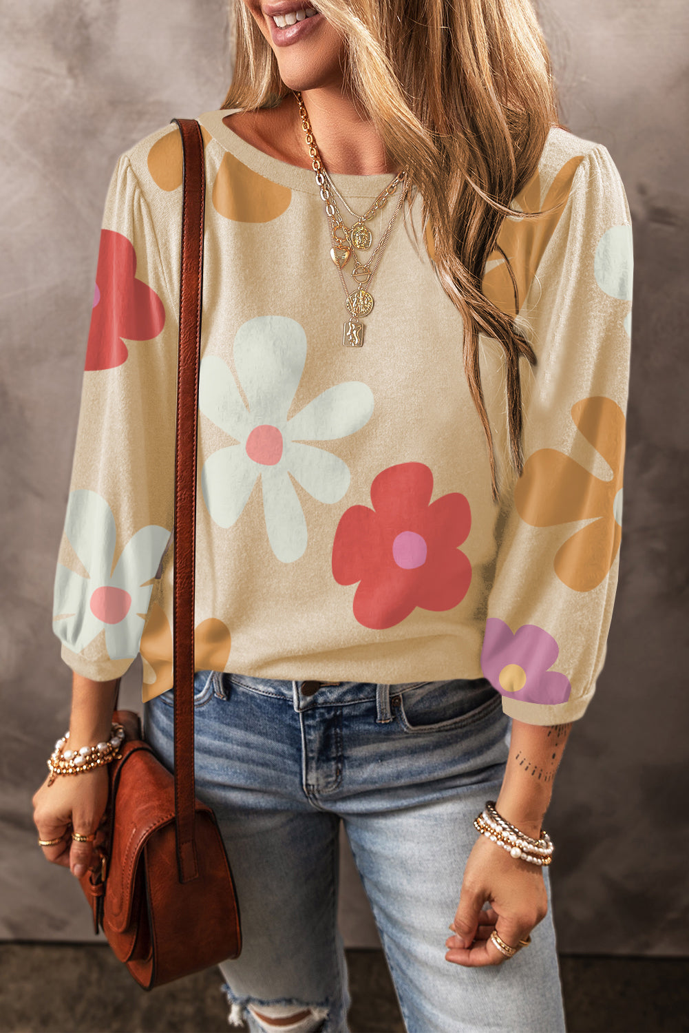 Apricot Cute Flower Print Bracelet Sleeve Top Long Sleeve Tops JT's Designer Fashion