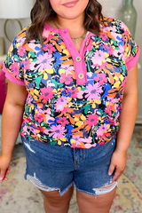 Rose Floral Short Sleeve Contrast Edge Plus Size Henley Top Rose 95%Polyester+5%Elastane Plus Size Blouses & Shirts JT's Designer Fashion