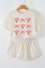 Beige Cow with Bows Cropped Tee and Skort Set Graphic Sets JT's Designer Fashion