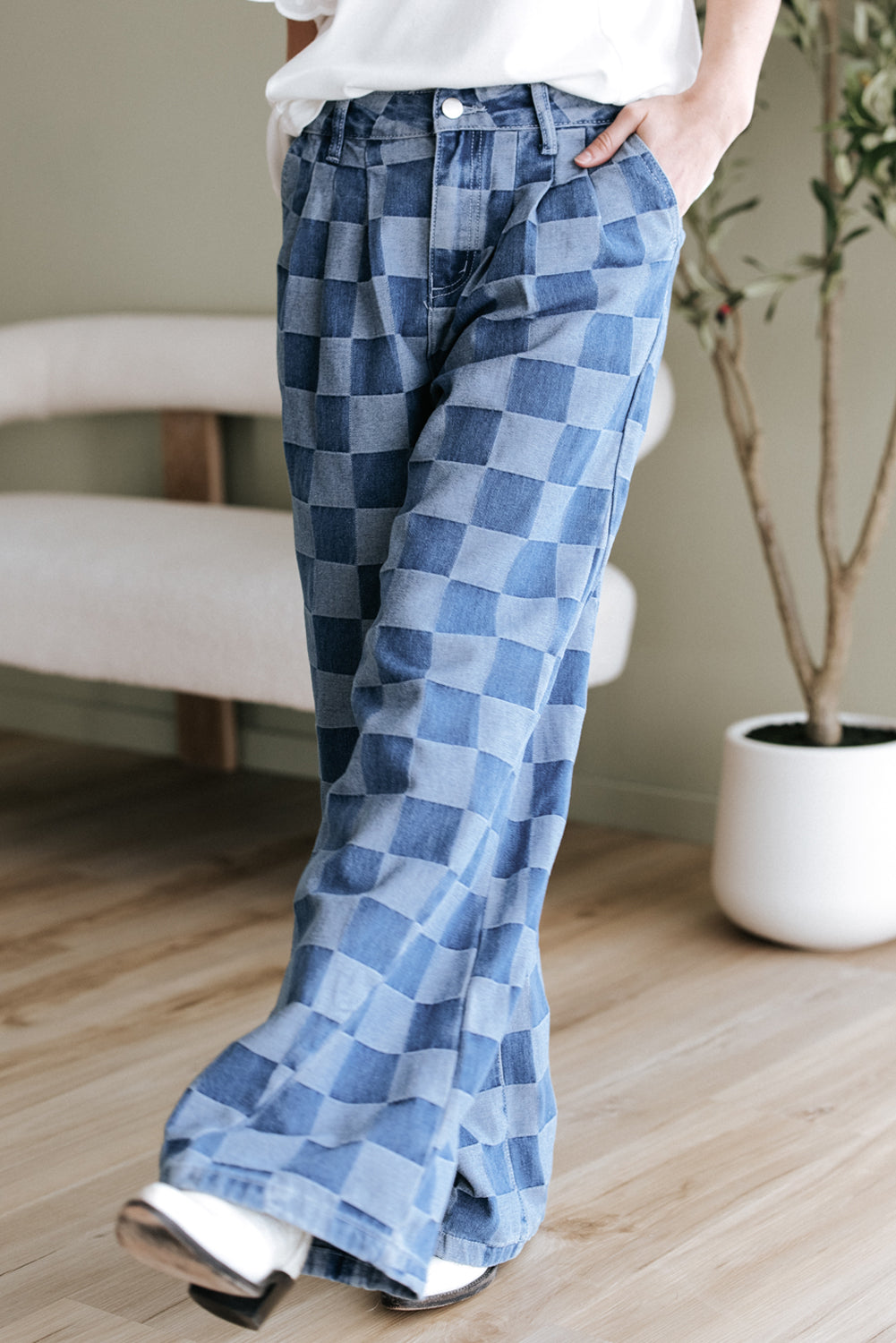 Dusk Blue Checkered Denim Wide Leg Jeans Jeans JT's Designer Fashion