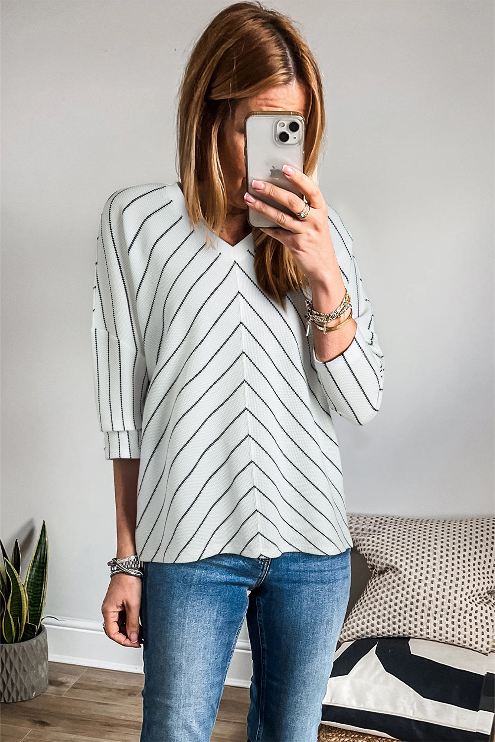 Black Stripe Chevron Striped V Neck Long Sleeve Casual Top Long Sleeve Tops JT's Designer Fashion