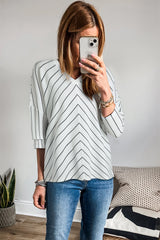 Black Stripe Chevron Striped V Neck Long Sleeve Casual Top Long Sleeve Tops JT's Designer Fashion