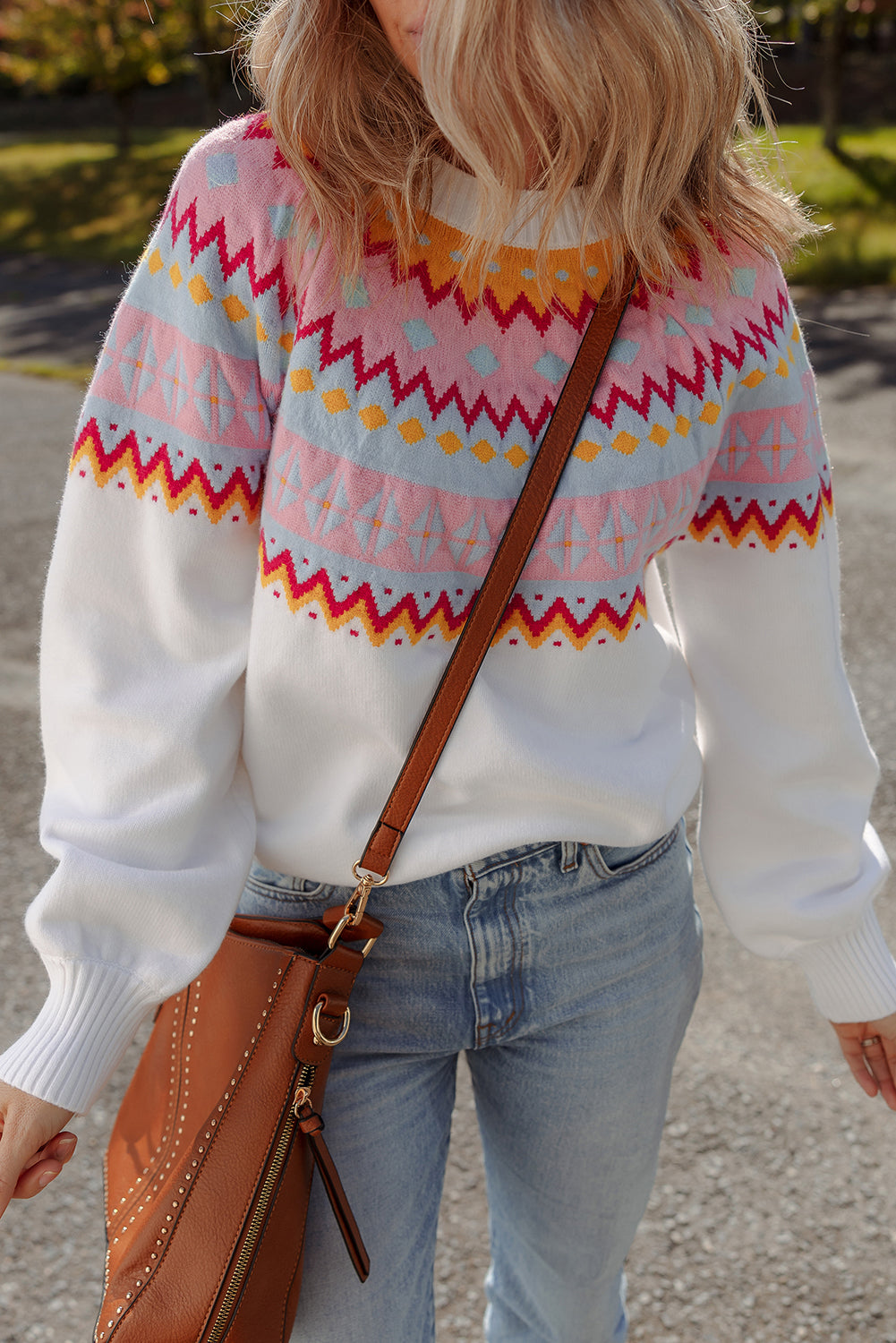 White Ethnic Geometric Colorblock Print Drop Shoulder Sweater Sweaters JT's Designer Fashion