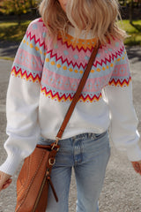 White Ethnic Geometric Colorblock Print Drop Shoulder Sweater Sweaters JT's Designer Fashion
