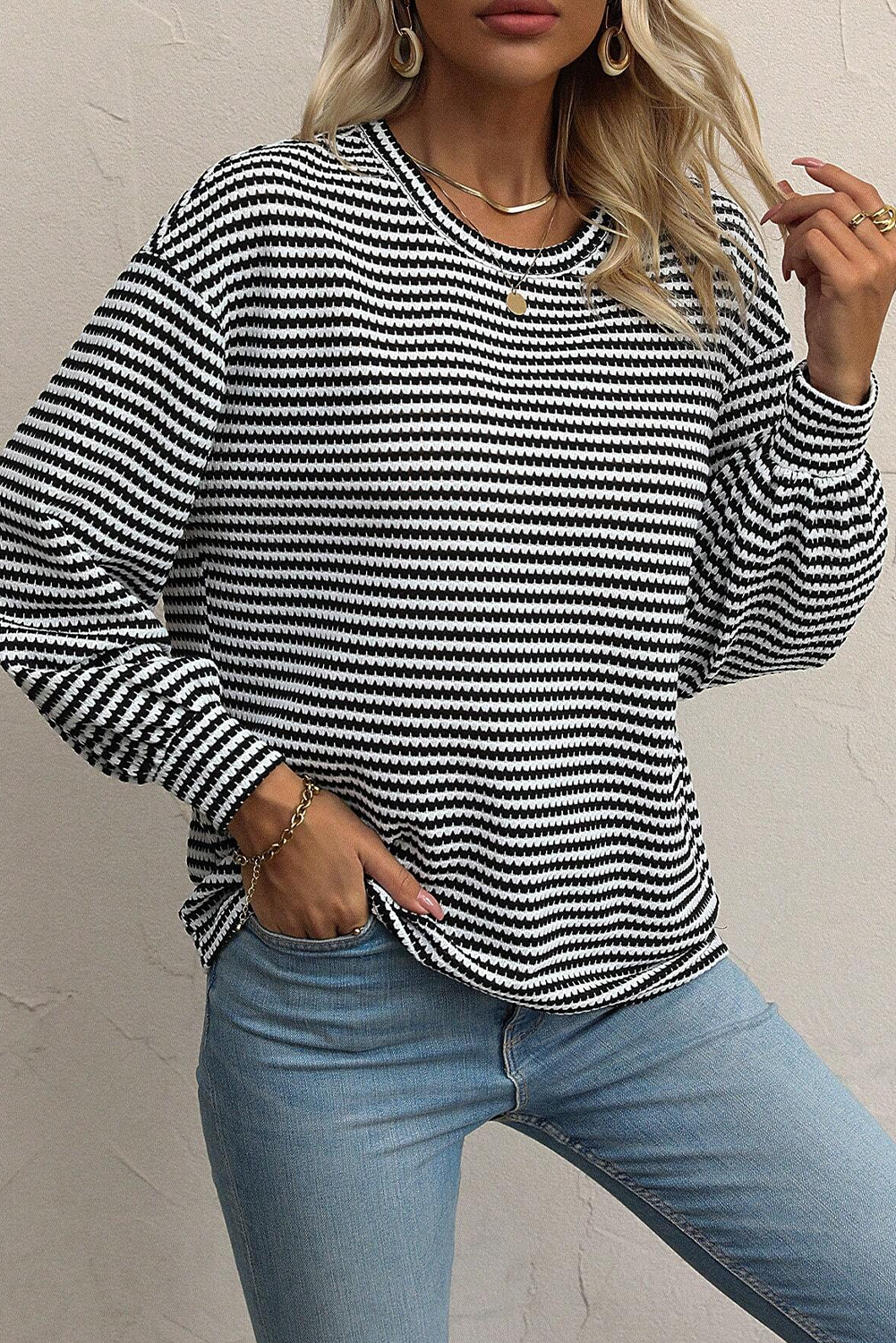Black Stripe Round Neck Drop Shoulder Long Sleeve Top Long Sleeve Tops JT's Designer Fashion