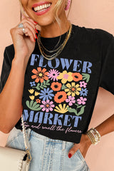 Black FLOWER MARKET Cotton Blend T Shirt Graphic Tees JT's Designer Fashion