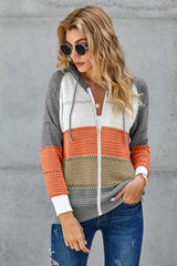 Gray Zipped Front Colorblock Hollow-out Knit Hoodie Sweatshirts & Hoodies JT's Designer Fashion