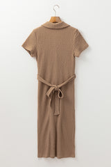 Buckskin Short Sleeve Textured Button Up Tie Waist Long Dress Maxi Dresses JT's Designer Fashion