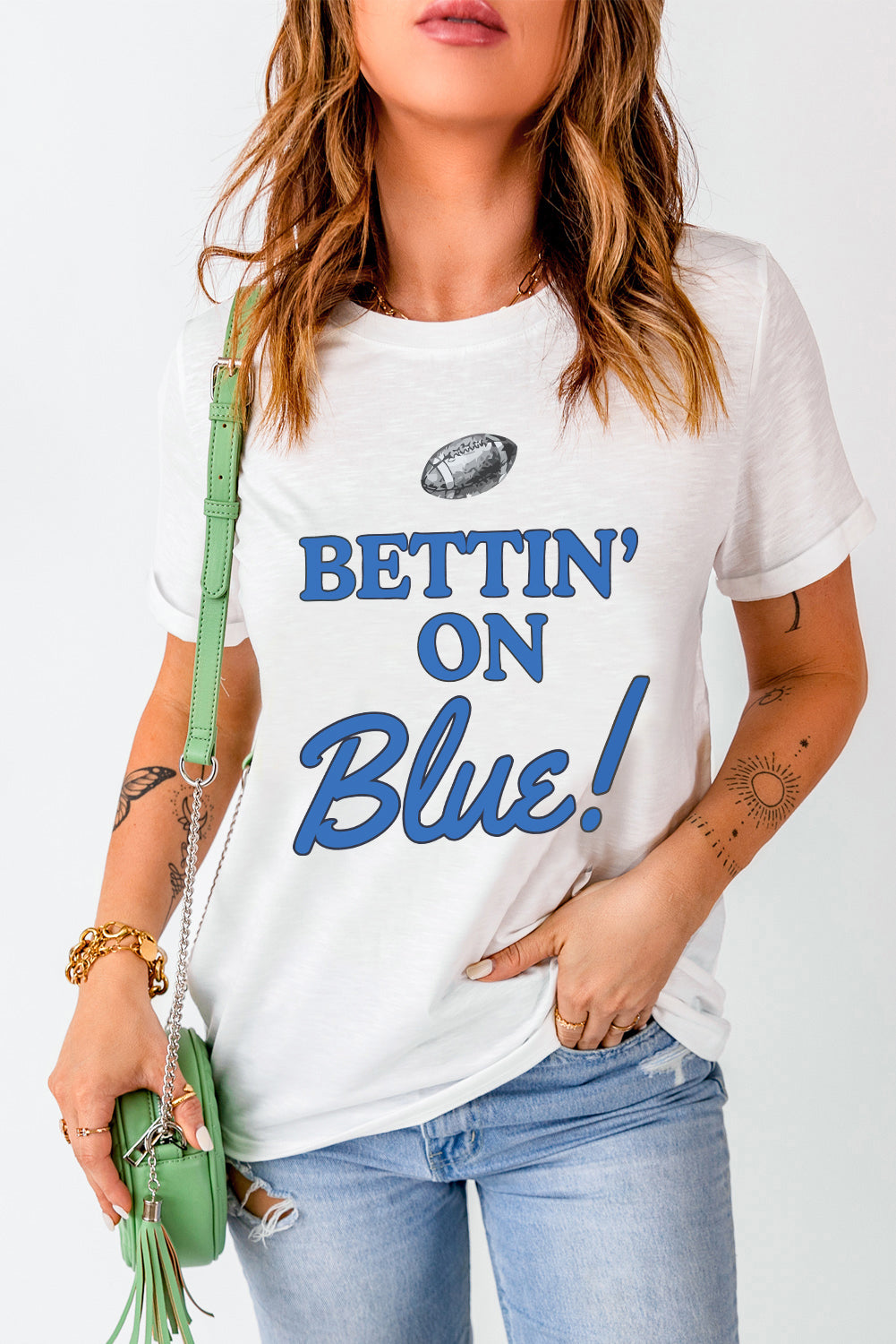 White Rugby Football BETTIN ON Blue Graphic Crewneck T Shirt Graphic Tees JT's Designer Fashion
